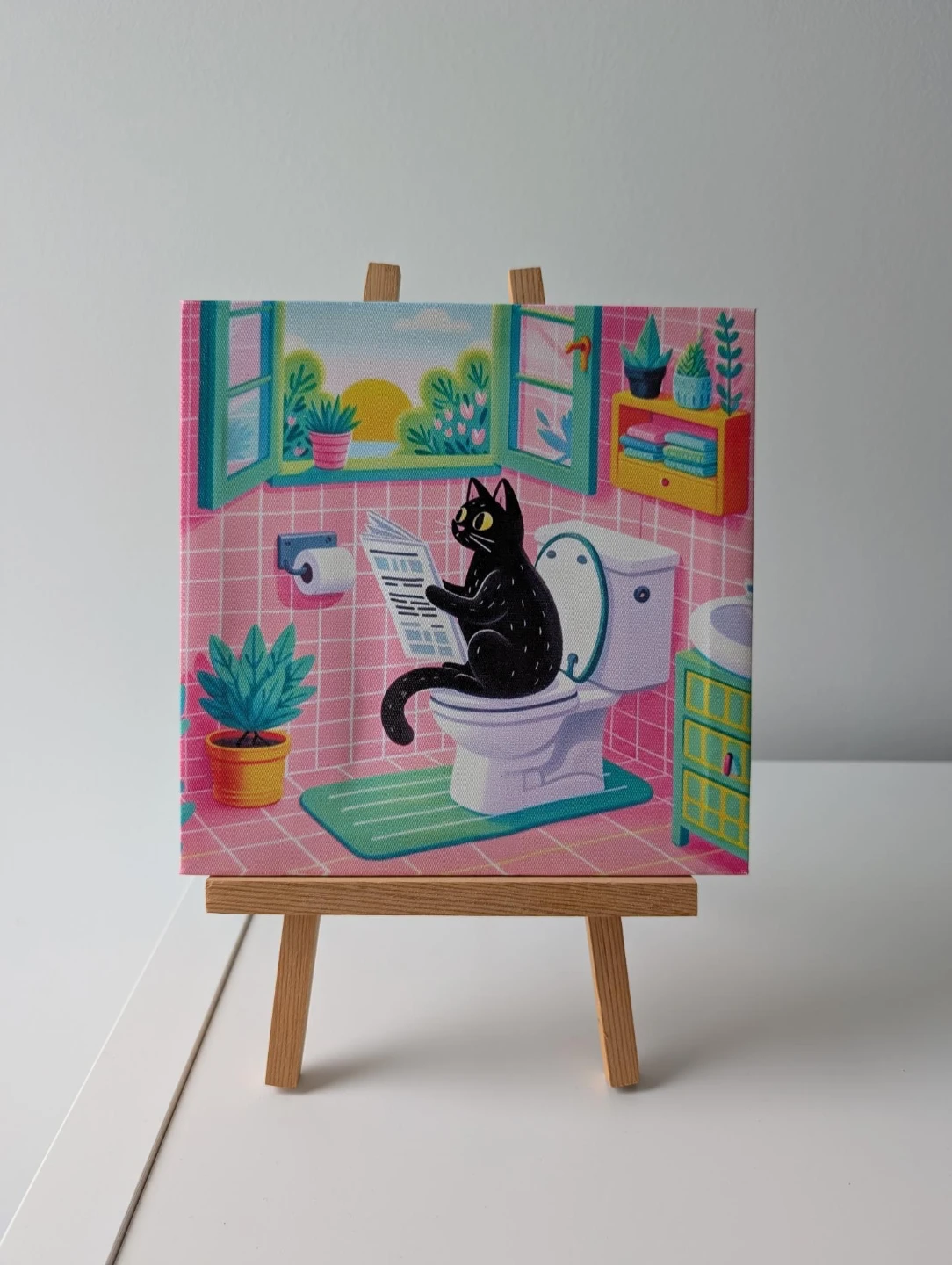 Framed New Black Cat on Toilet Reading Newspaper - photo 3