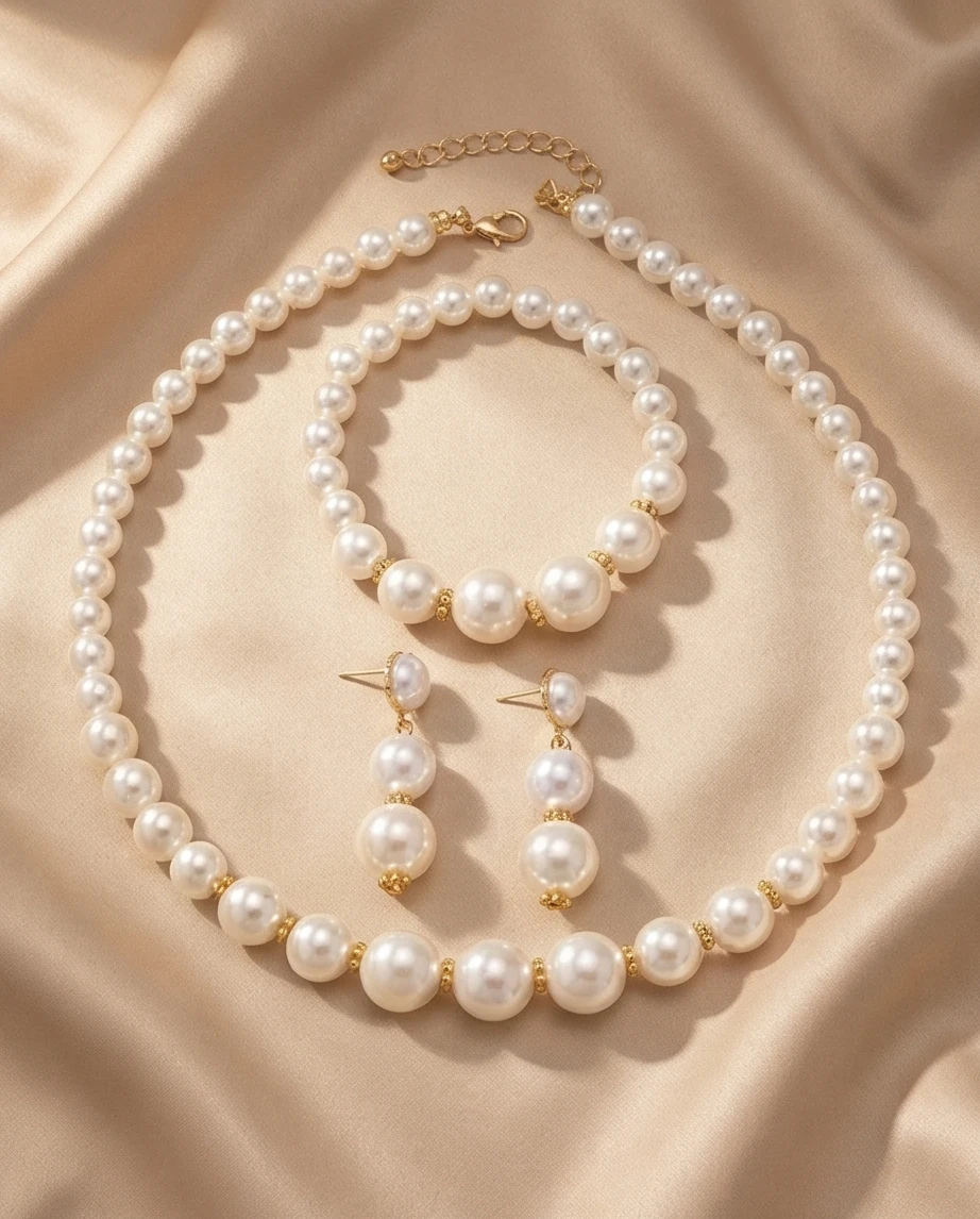 Pearl Necklace Bracelet Earrings Set