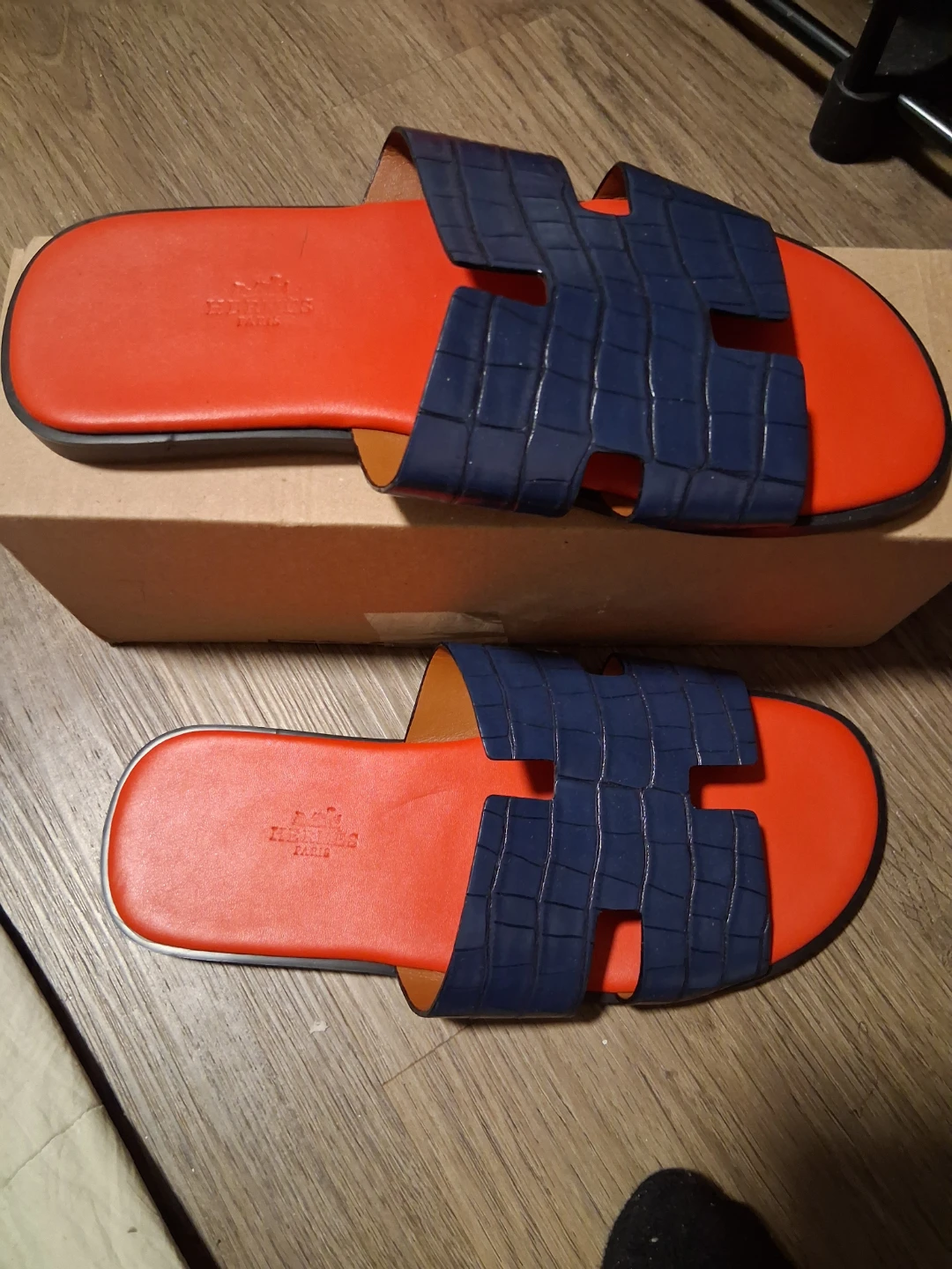 Hermes Oran Sandals Navy Blue Croc Embossed Orange Leather - photo 2