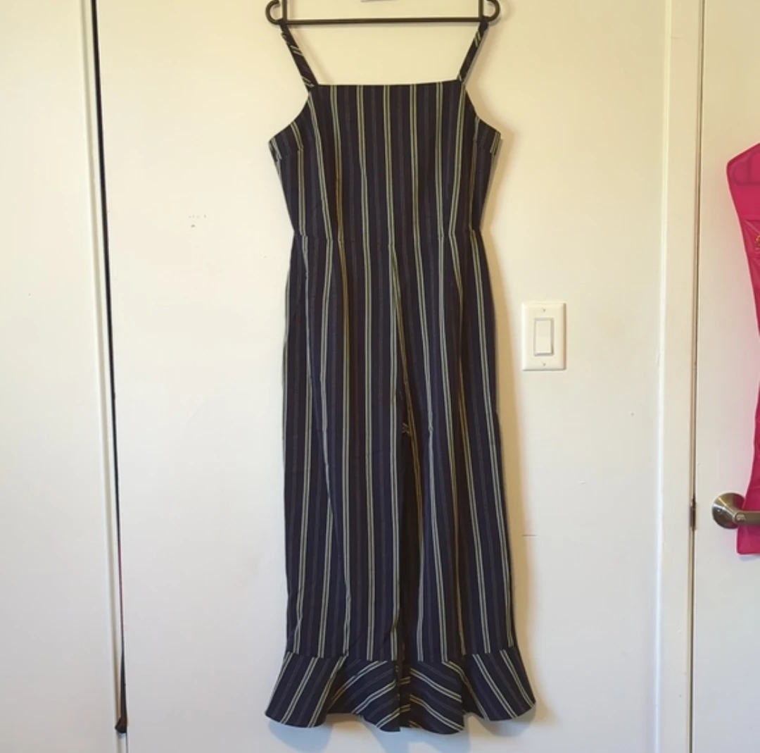 Navy Striped Jumpsuit with Ruffle Hem