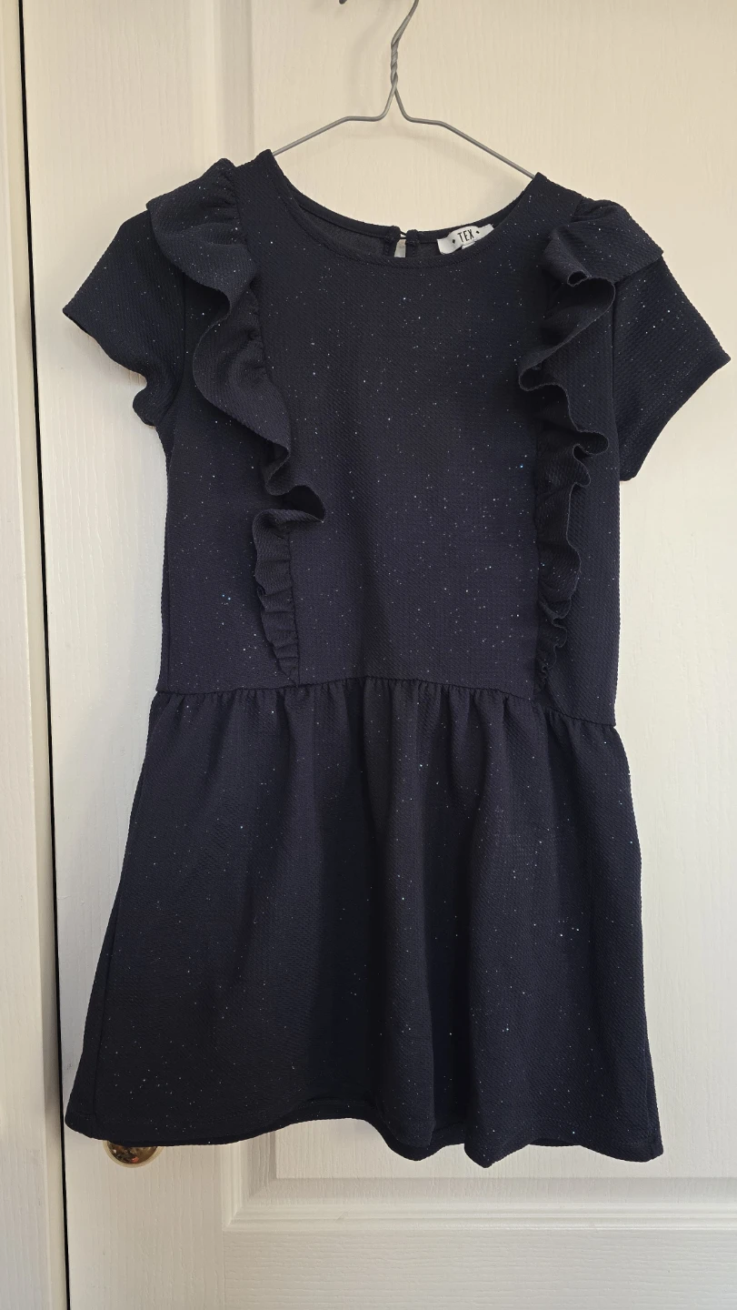 Girls Navy Sparkle Ruffle Dress Size 9-10
