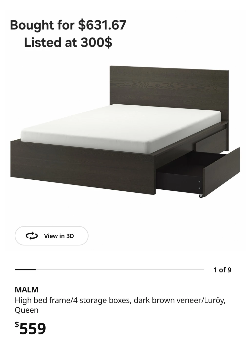 IKEA MALM Queen High Bed Frame w/ 4 Storage Boxes - Dark Brown