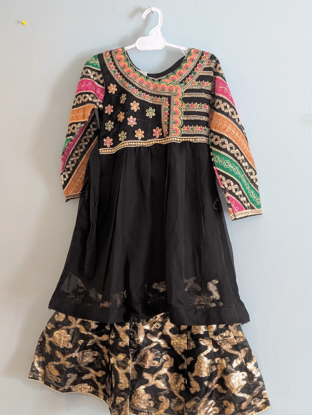 Embroidered Black Dress with Gold Pants for Kids