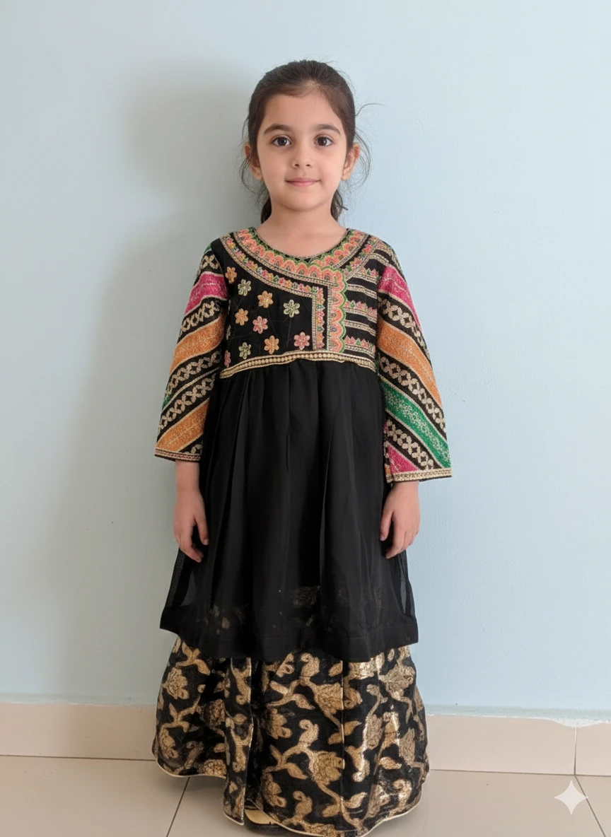 Embroidered Black Dress with Gold Pants for Kids - photo 2