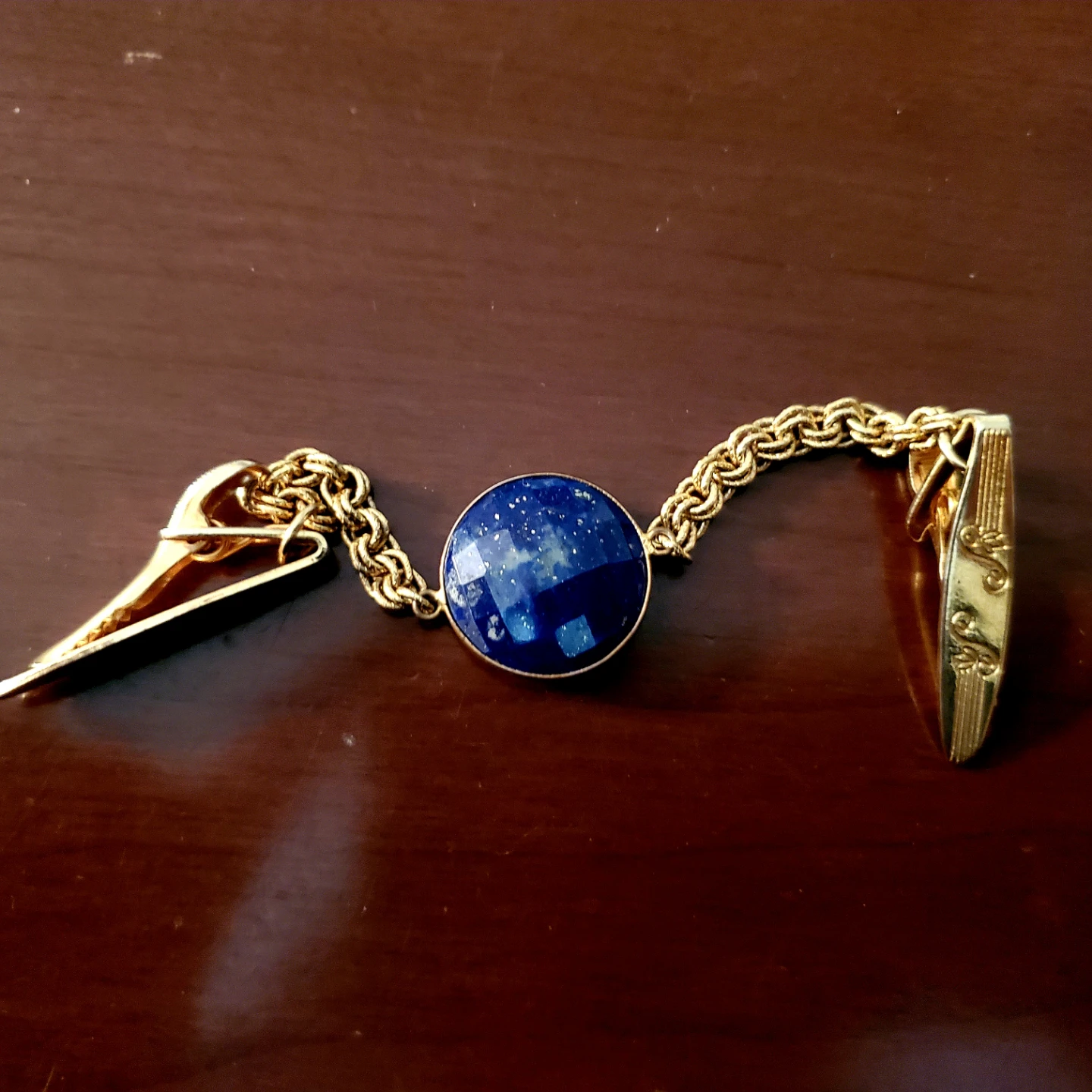 Vintage Gold Tone Lapel Cardigan Clip with Lapis Lazuli Accent - photo 4