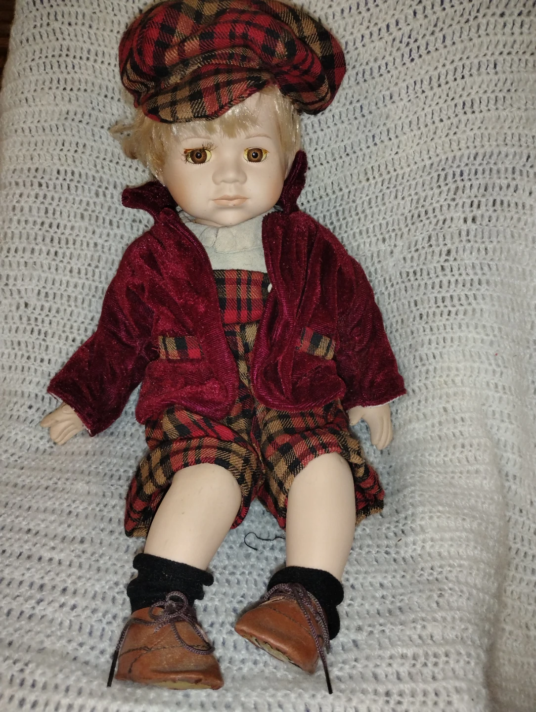 Vintage Porcelain Doll with Plaid Outfit