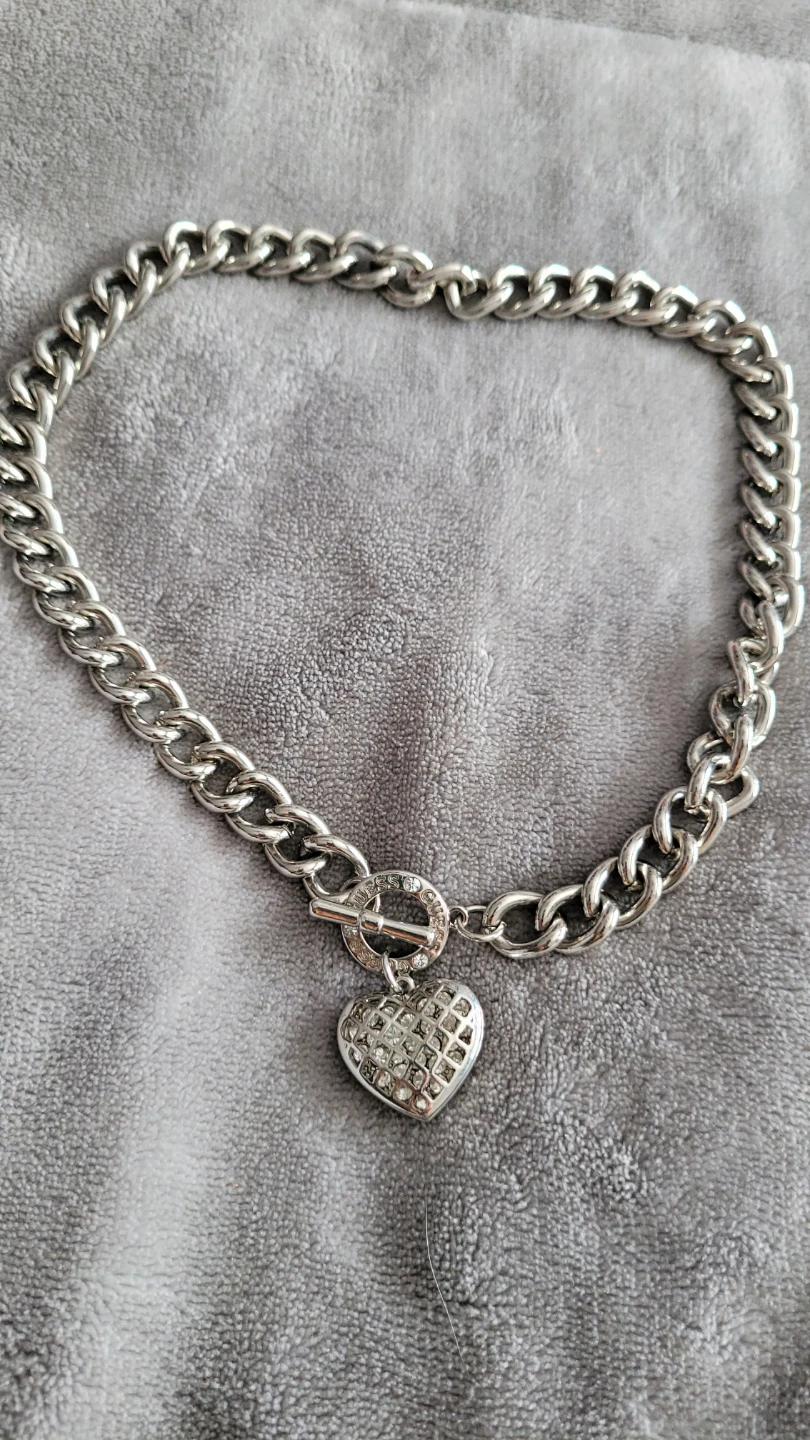 Guess Silver Tone Heart Charm Chain Necklace