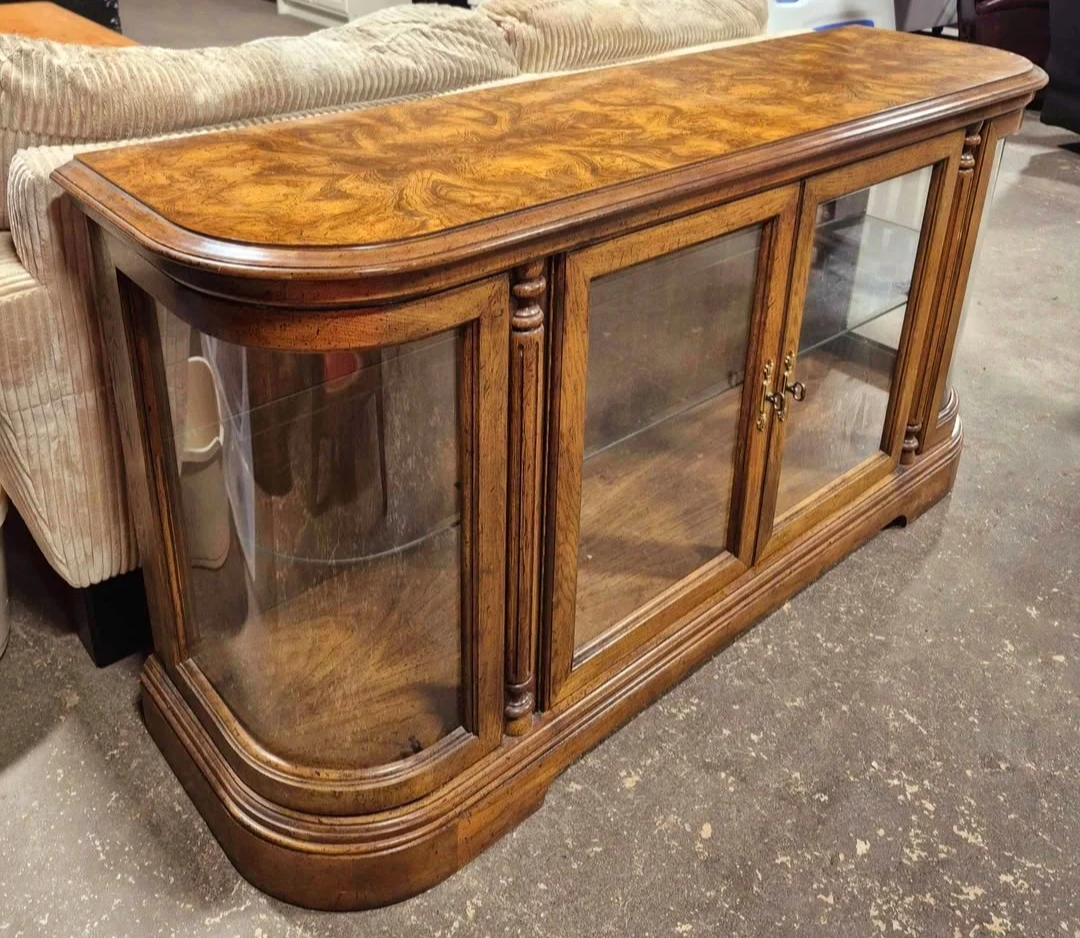Art Deco Curved Glass Curio Cabinet With Burlwood Top
