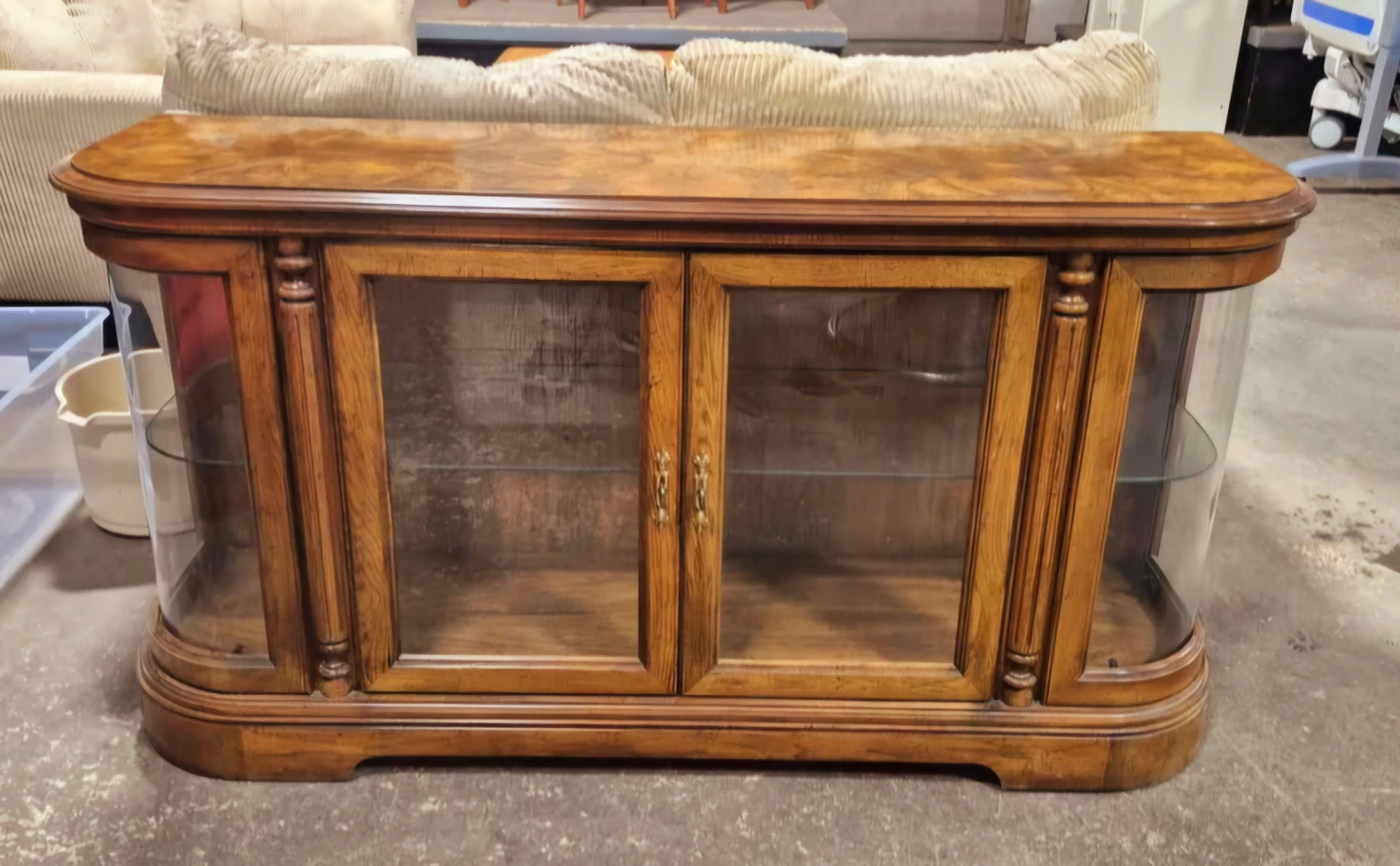 Art Deco Curved Glass Curio Cabinet With Burlwood Top - photo 2