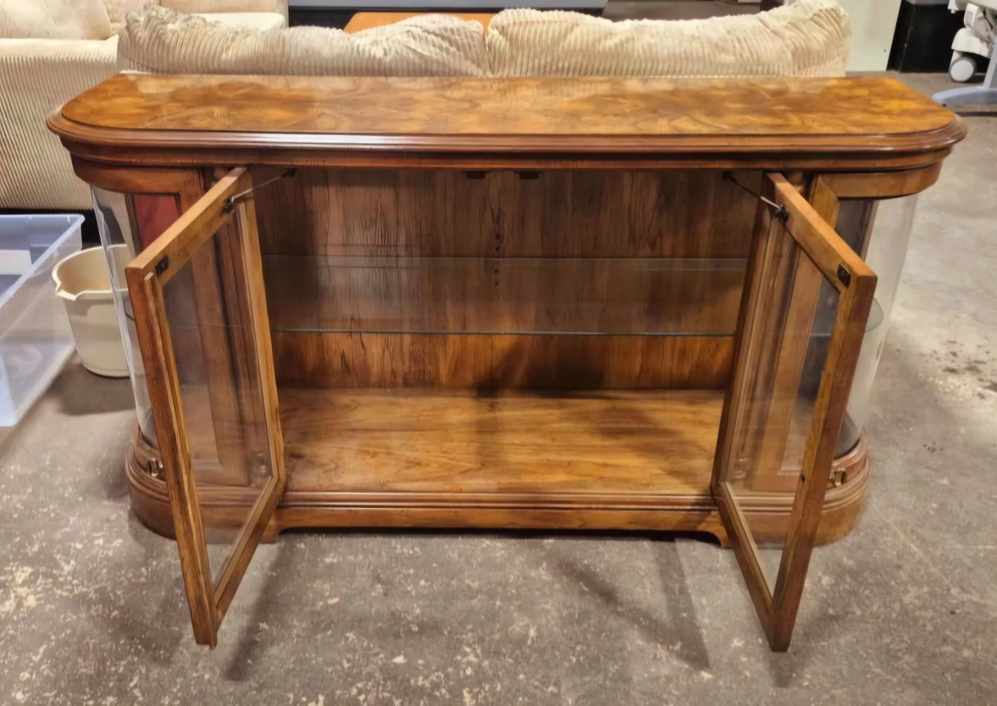 Art Deco Curved Glass Curio Cabinet With Burlwood Top - photo 4