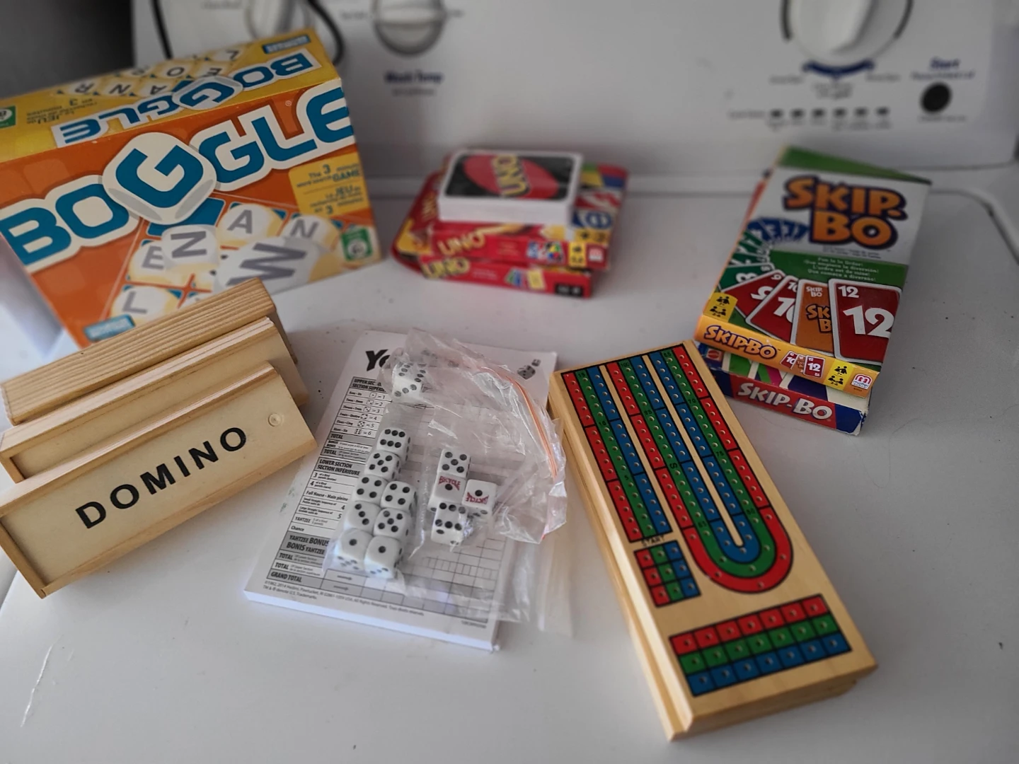 Boggle, Skip-Bo, Domino, Uno, Dice & Cribbage Board Set