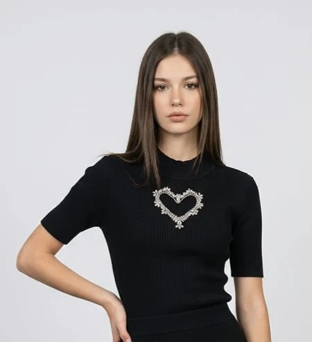 Lipstick Black Ribbed Knit Heart Rhinestone Top