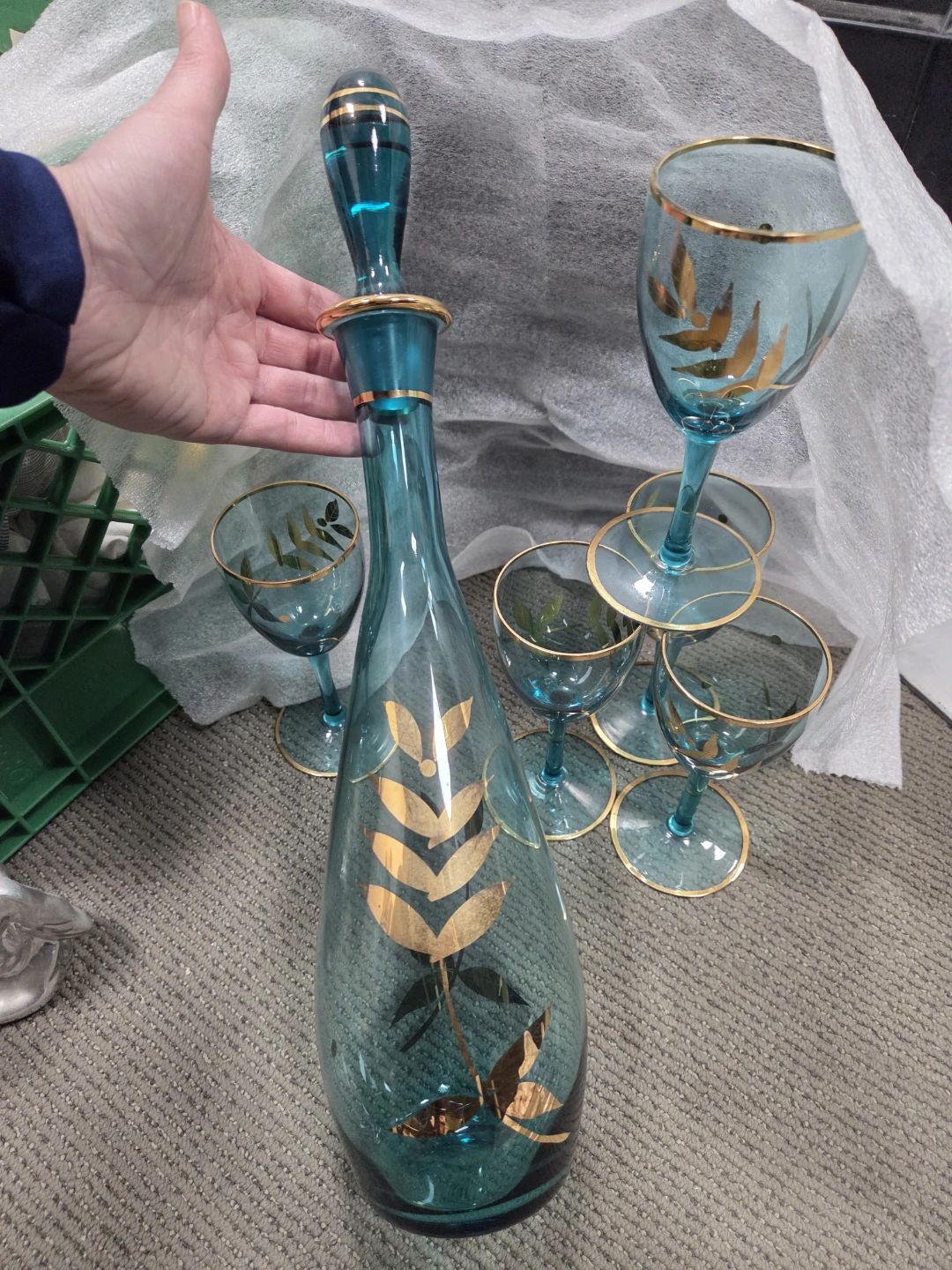 Italian Teal Glass Decanter 5 Goblets Set with Gold Leaf