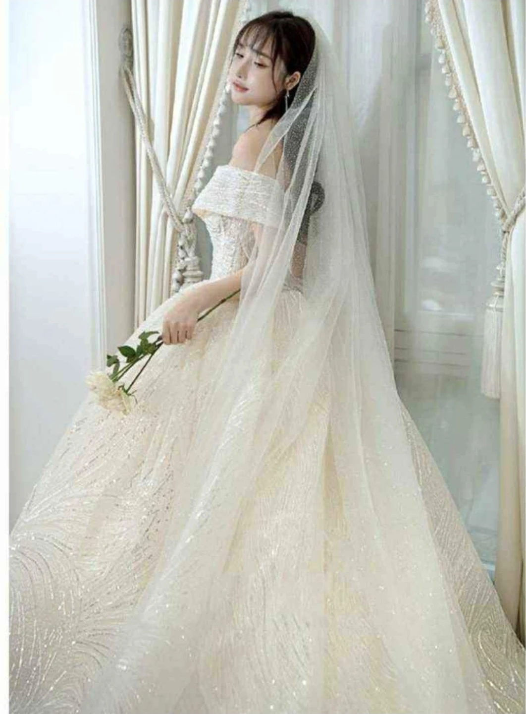 White Off-the-Shoulder Wedding Dress with Veil - photo 2