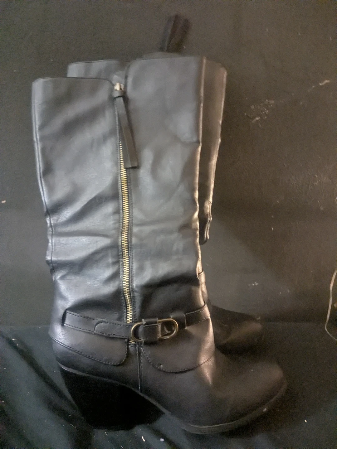 Black Faux Leather Knee-High Boots