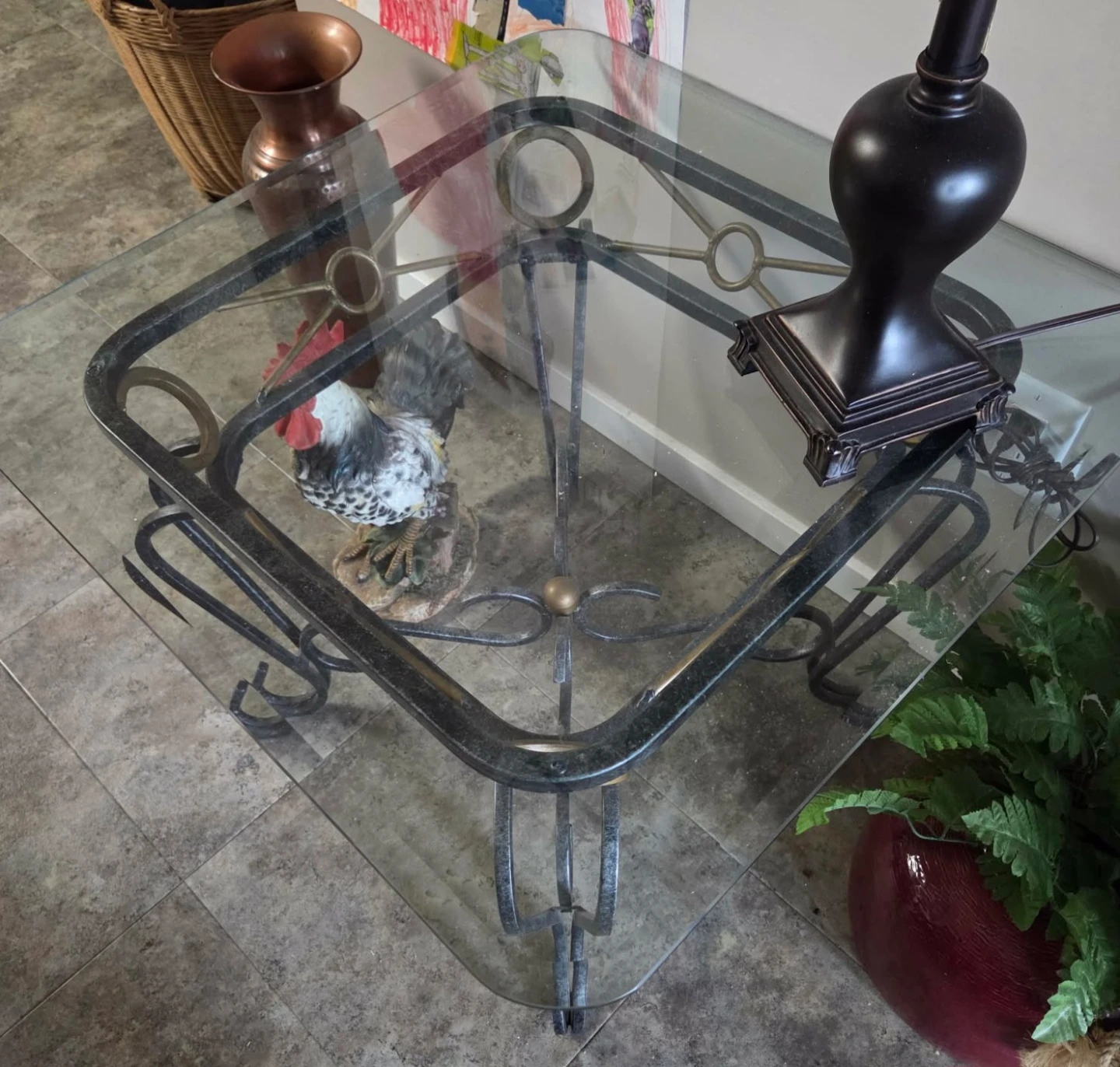 Glass Top End Table with Ornate Metal Base