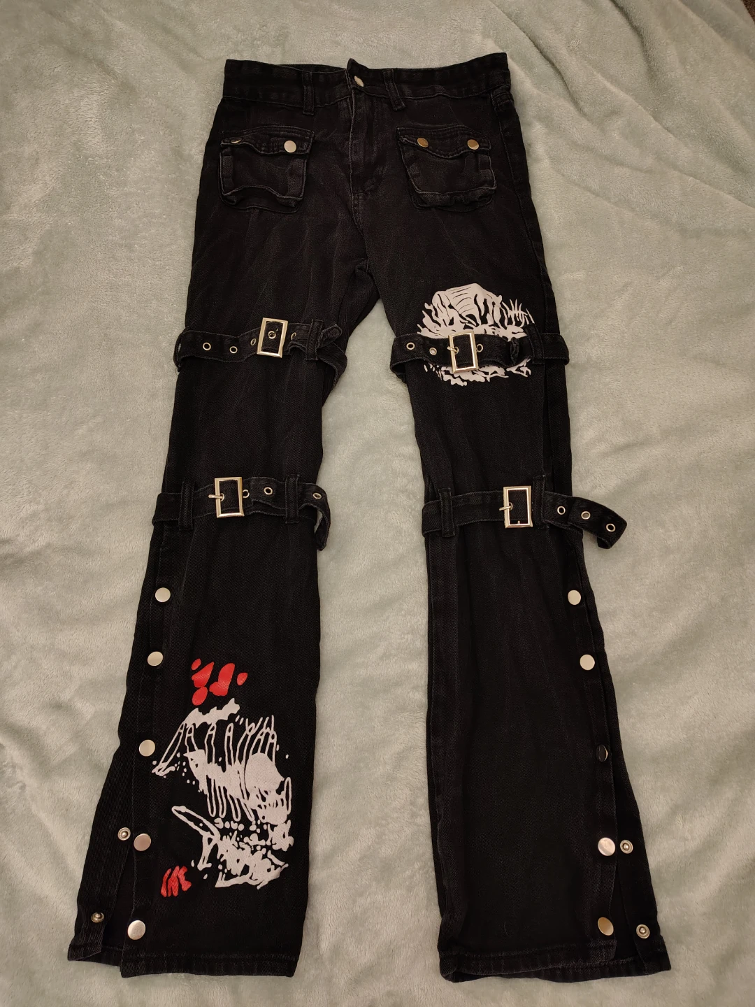 Black Buckle Strap punk Jeans with Graphic Print - Size XS-small