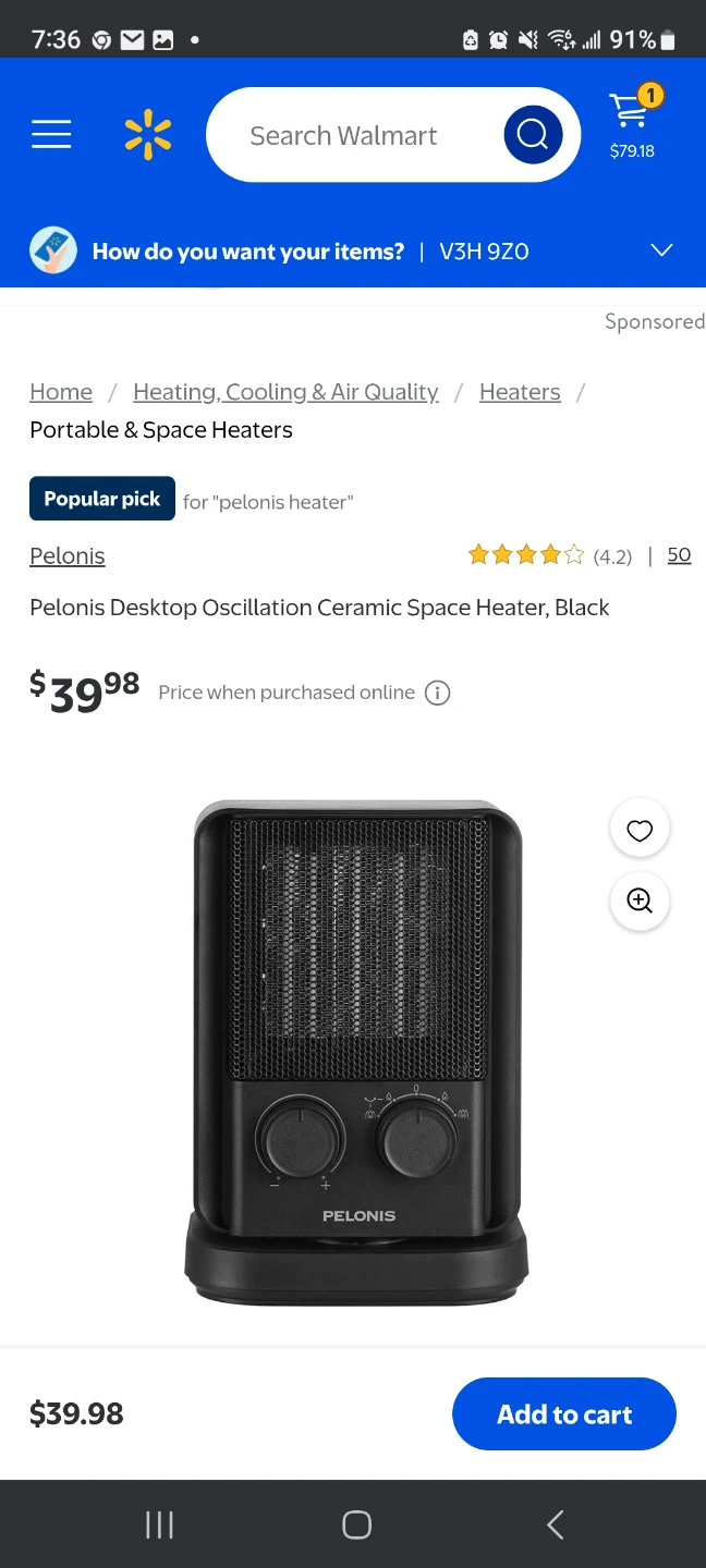 Pelonis Desktop Oscillation Ceramic Space Heater - Black