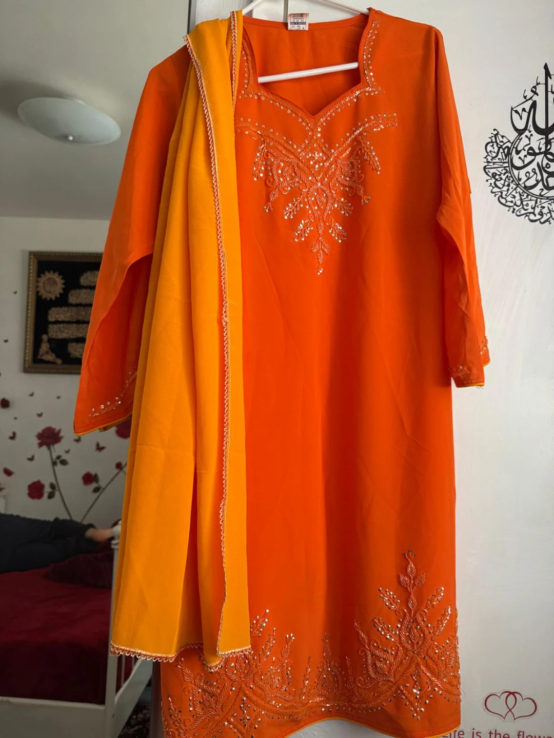 Orange Embellished Kurti with Dupatta