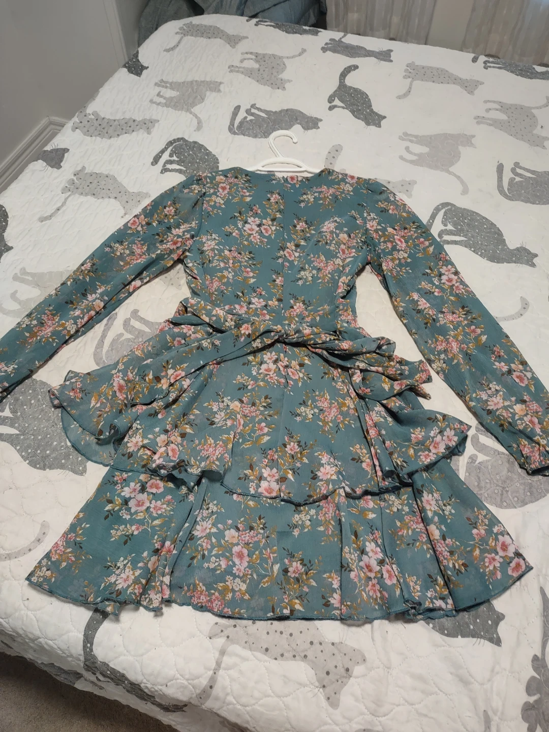 Teal Floral Tiered Ruffle Dress with Tie Waist