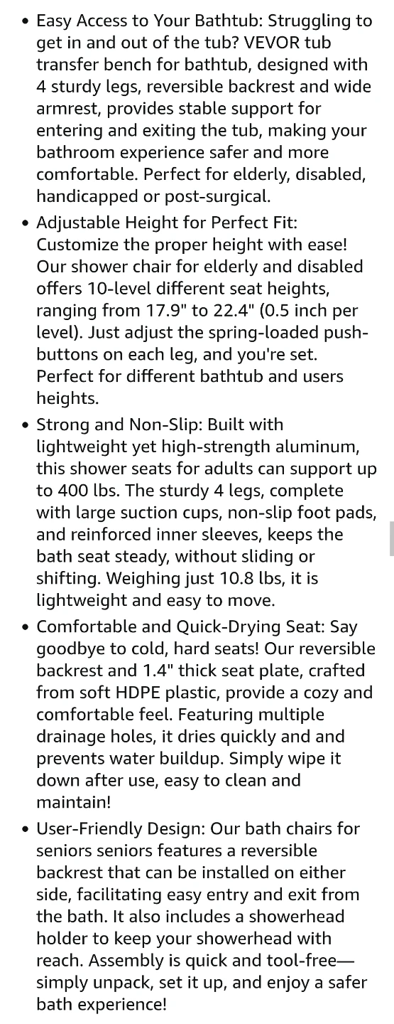 Tub Transfer Bench for Bathtub, Adjustable Shower Seat - photo 3