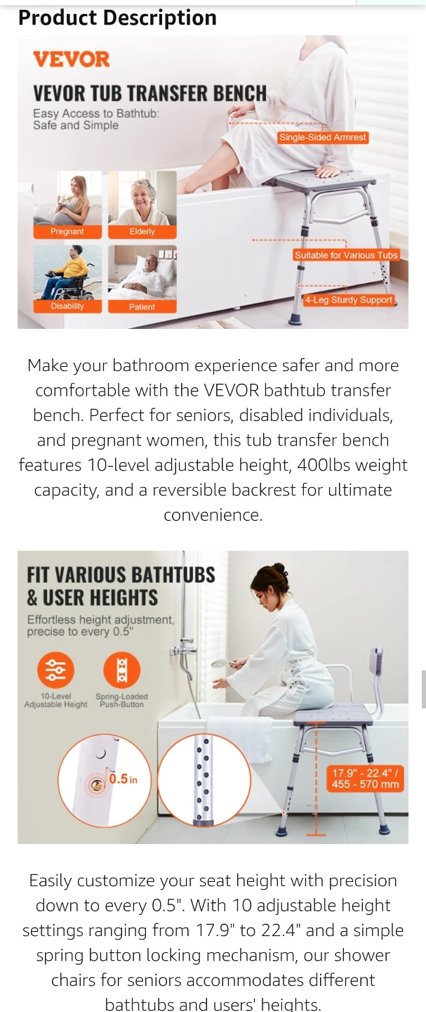 Tub Transfer Bench for Bathtub, Adjustable Shower Seat - photo 4