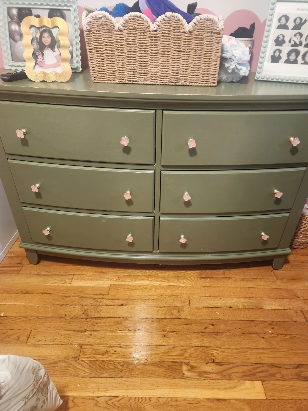 Green Six-Drawer Dresser with Pink Knobs