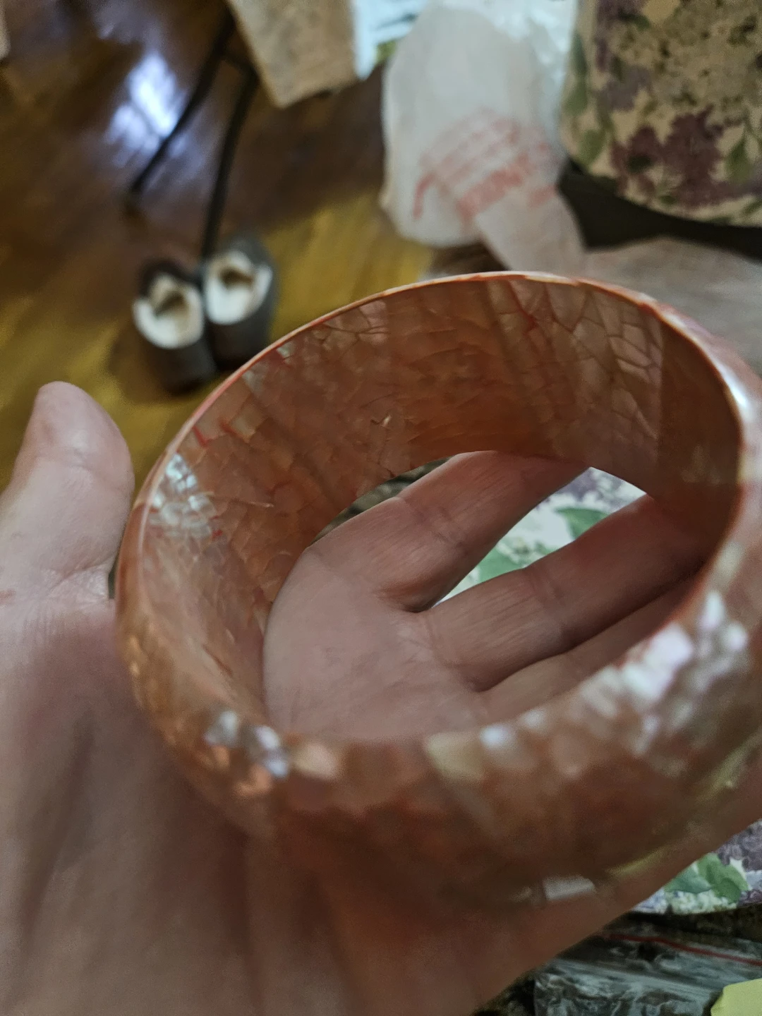 Orange Mother of Pearl Mosaic Wide Bangle Bracelet - photo 3