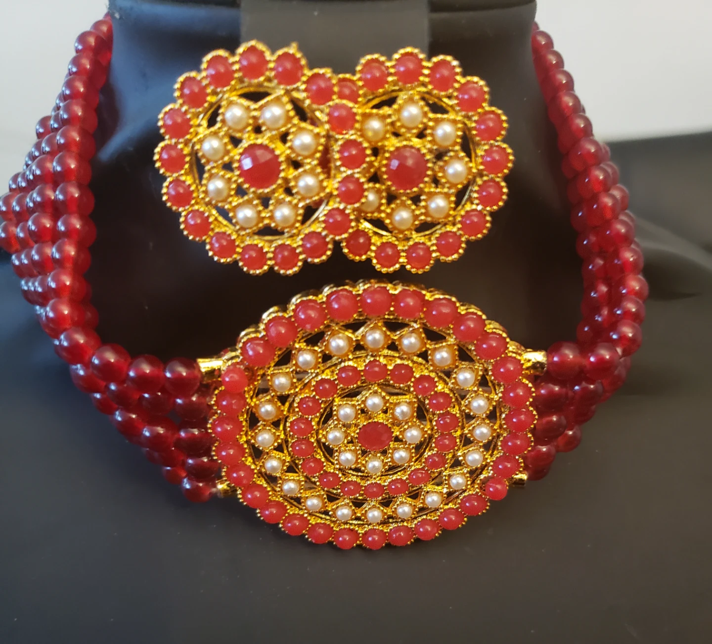 Red Beaded Choker Necklace with Earrings Set