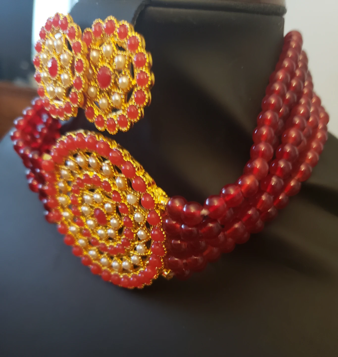 Red Beaded Choker Necklace with Earrings Set - photo 2
