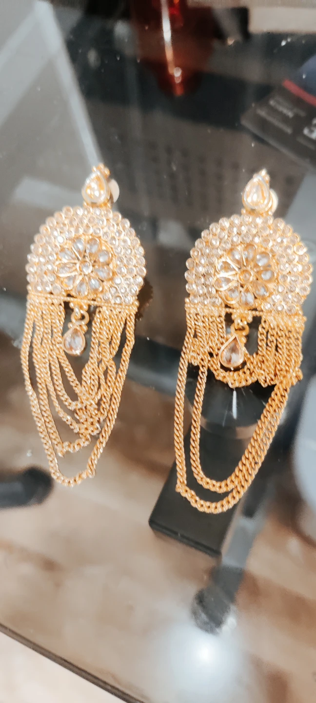 Artificial Golden Dangle Earrings with Clear Stones - photo 2