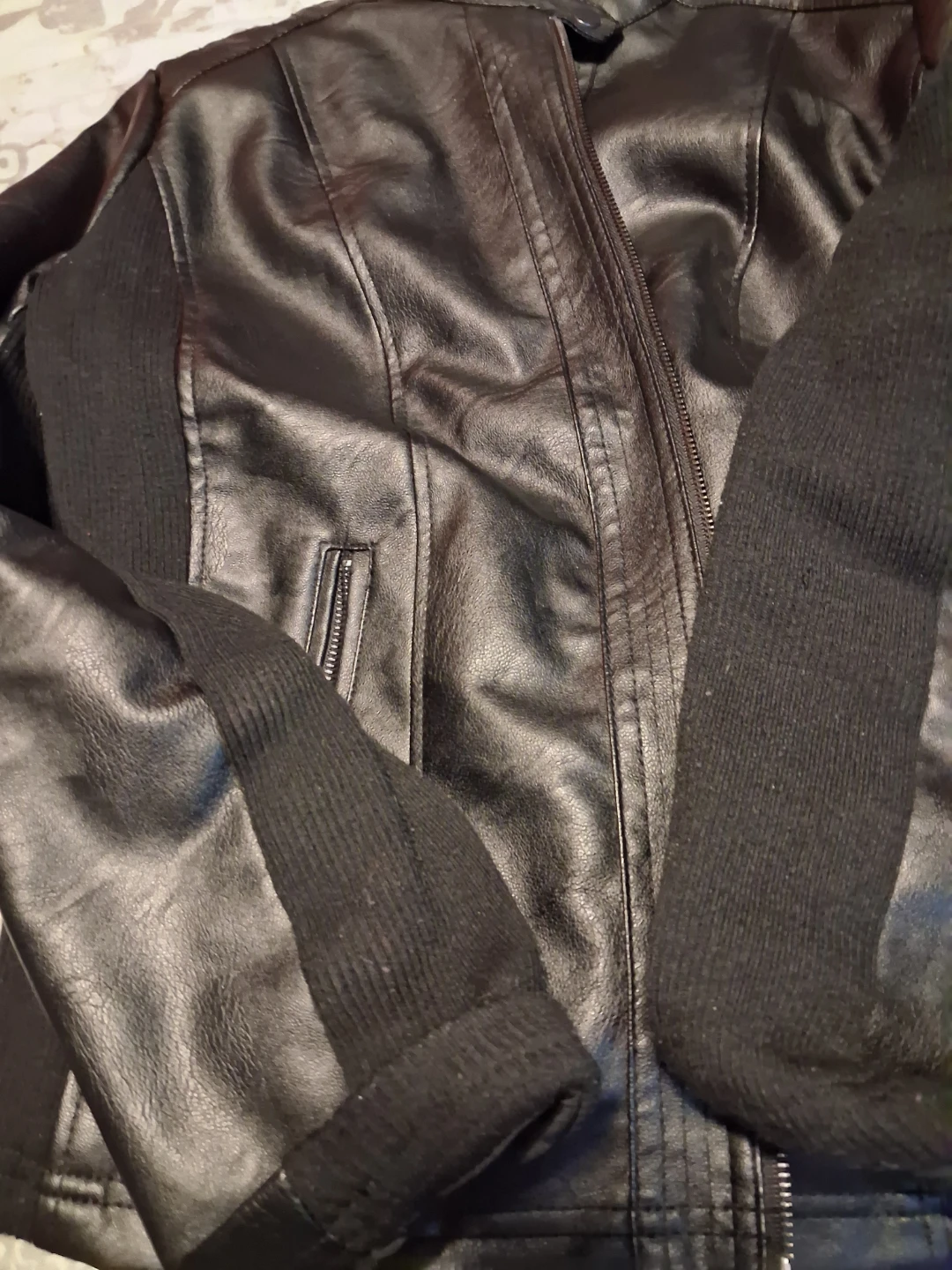 Black Faux Leather Jacket with Knit Sleeves