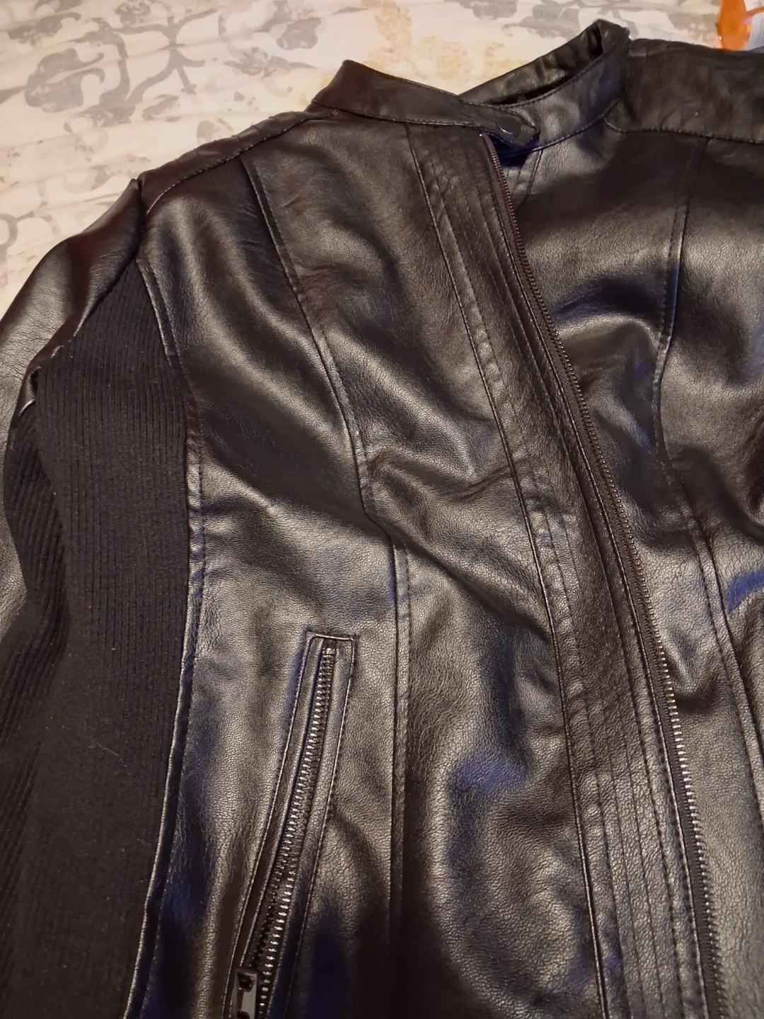 Black Faux Leather Jacket with Knit Sleeves - photo 3