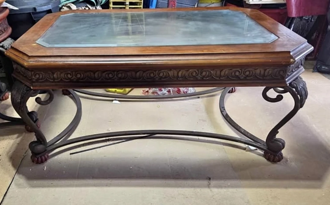 Ornate Wood and Glass Coffee Table