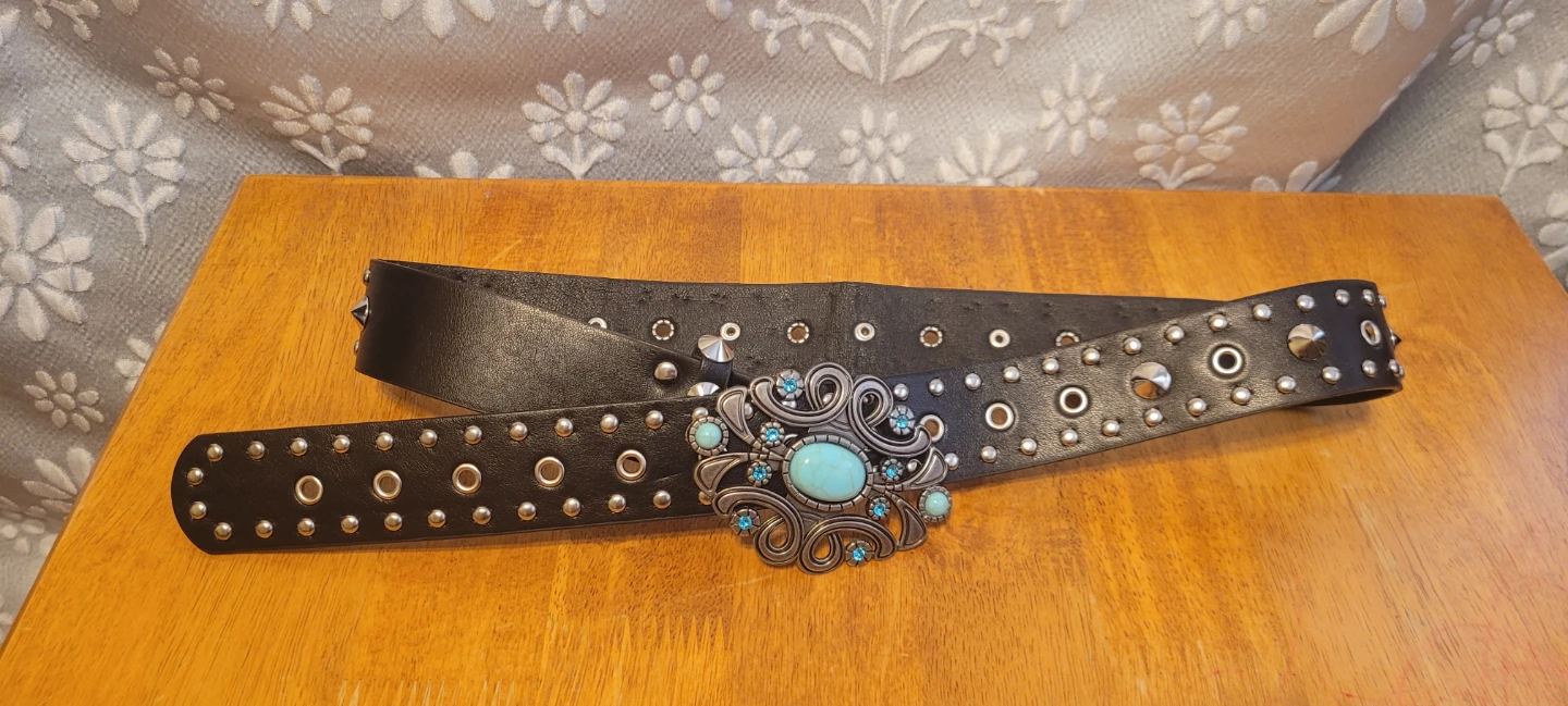 Black Studded Belt with Turquoise Gem Buckle