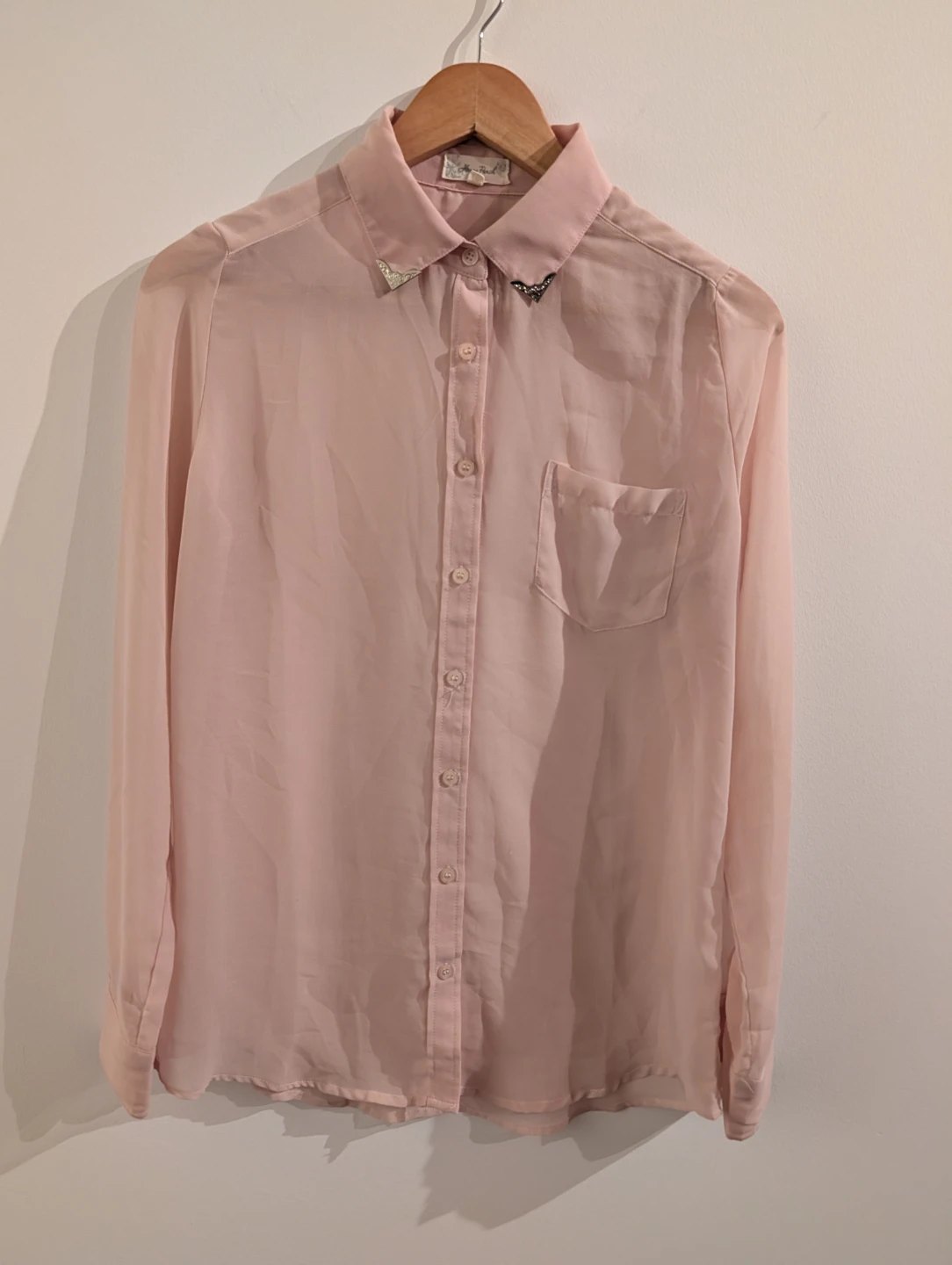 Sheer Pink Blouse with Embellished Collar - Small