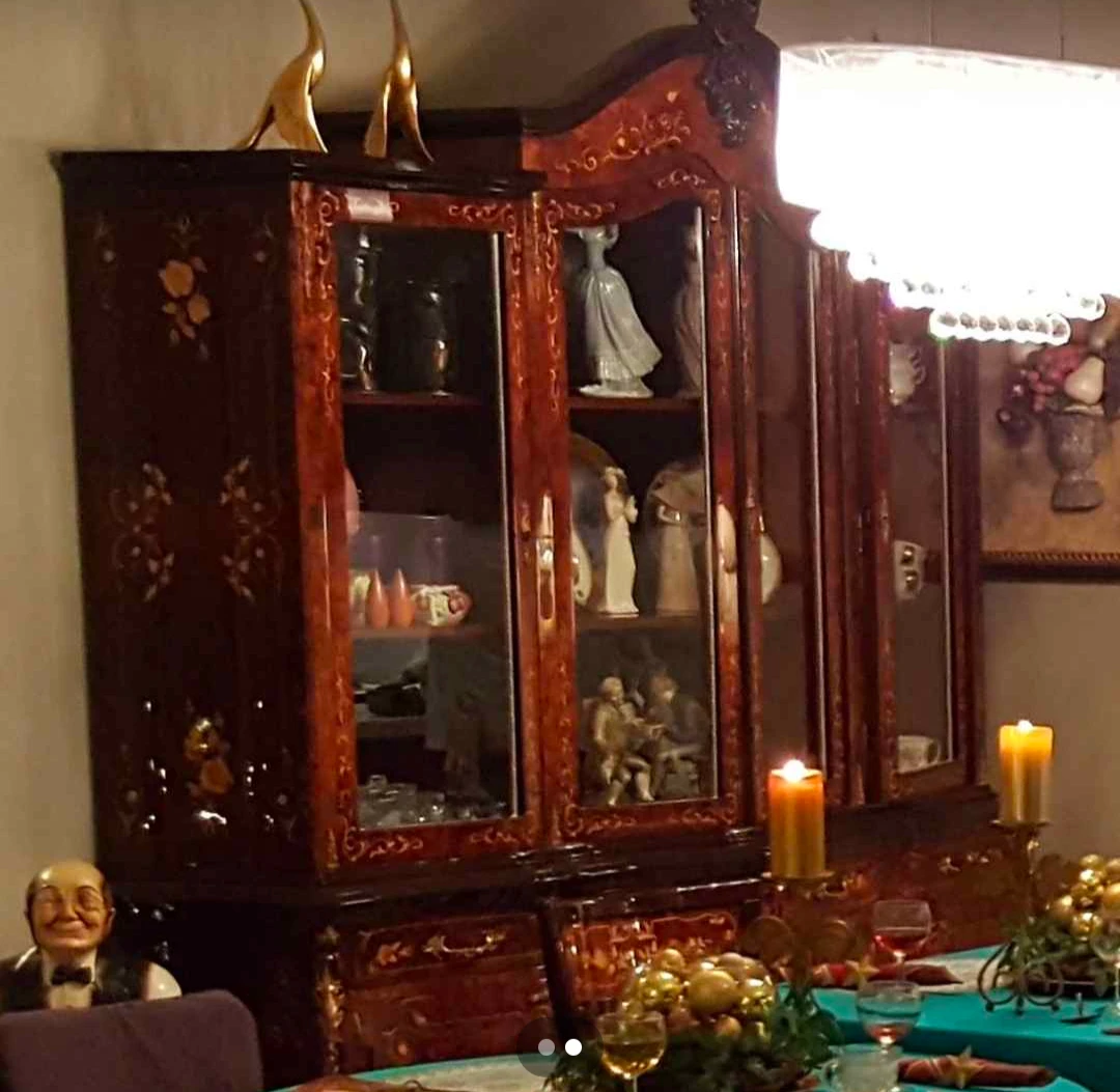 Antique Handcrafted Italian Walnut Inlaid Dining Hutch