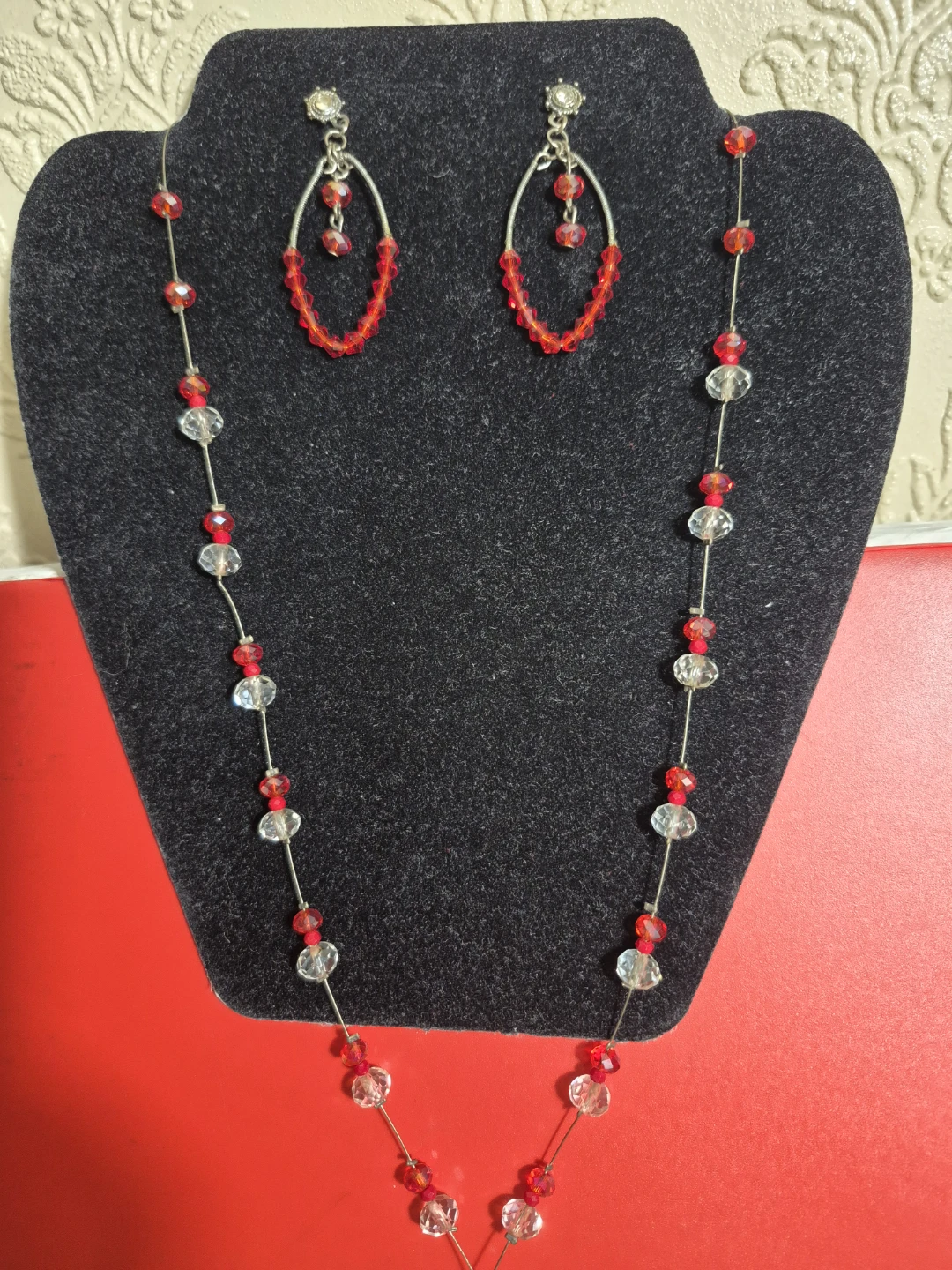 Red and Clear Beaded Necklace, Earrings, and Bracelet Set