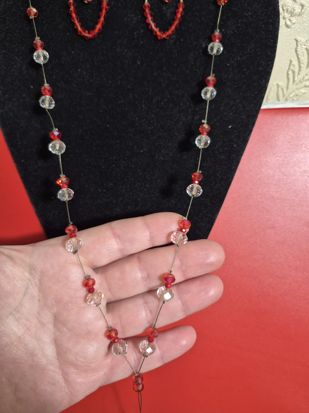 Red and Clear Beaded Necklace, Earrings, and Bracelet Set - photo 2