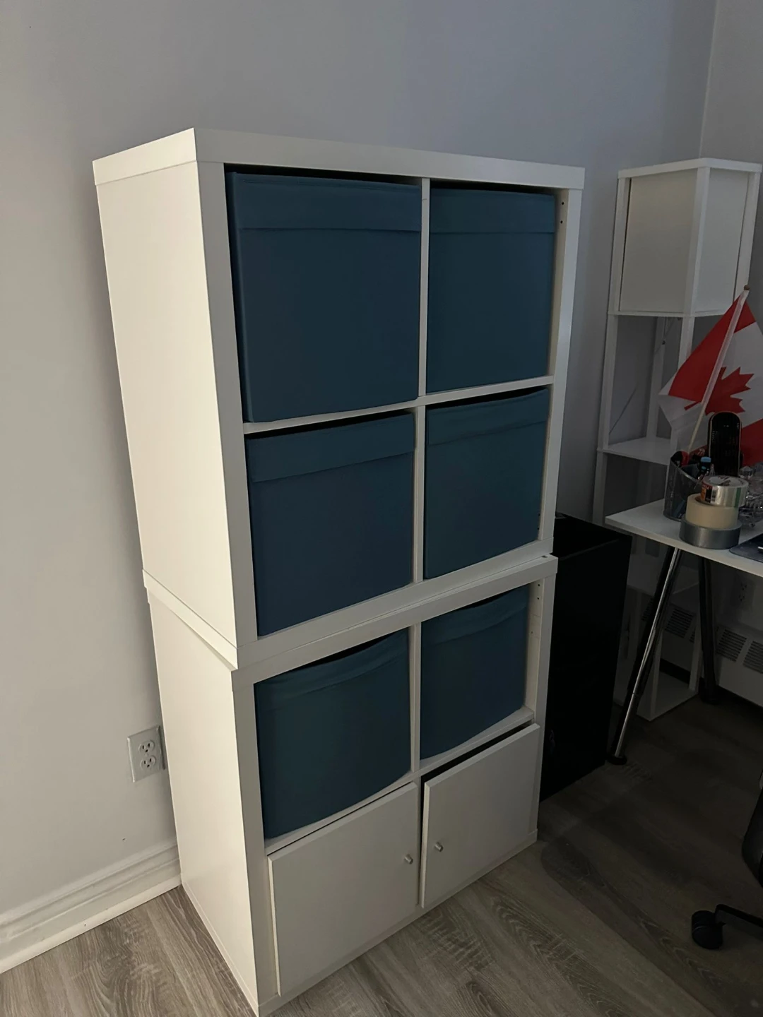 White Cube Storage Unit with Blue Bins