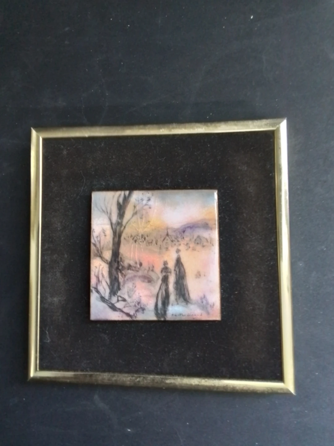 Framed Enamel Art Tile Painting with Two Figures