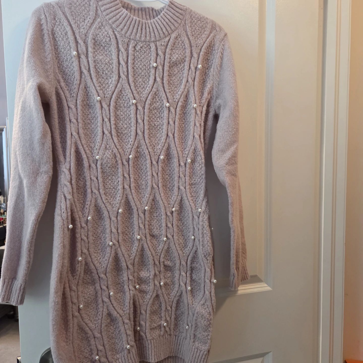 Pink Cable Knit Sweater Dress with Pearls