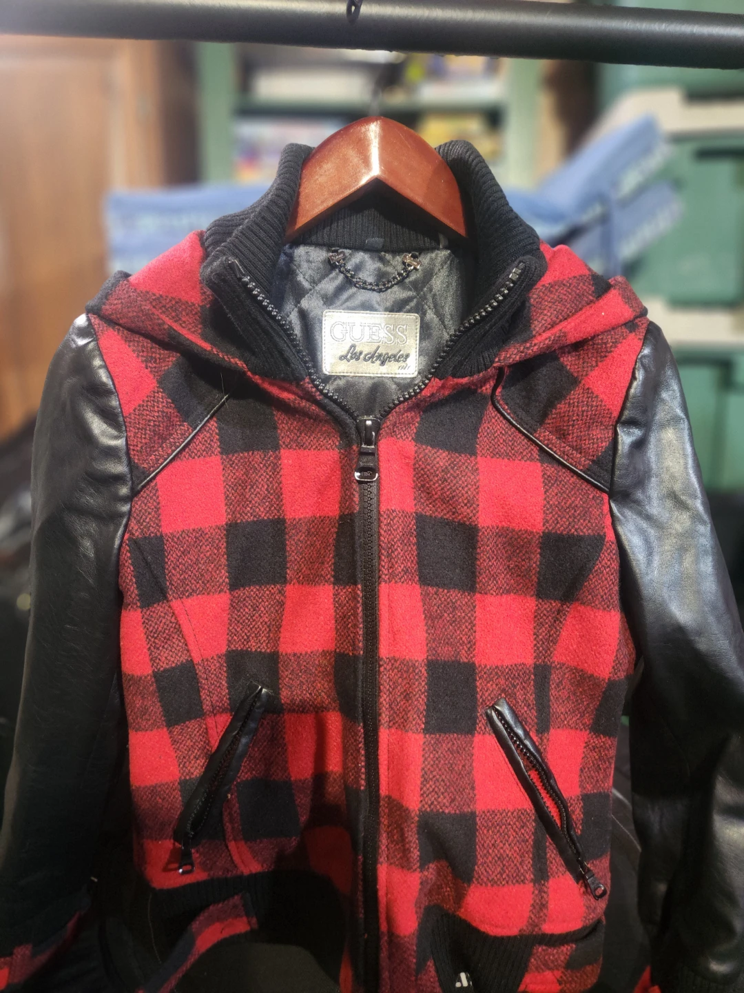 GUESS Red Black Plaid Hooded Jacket with Faux Leather Sleeves