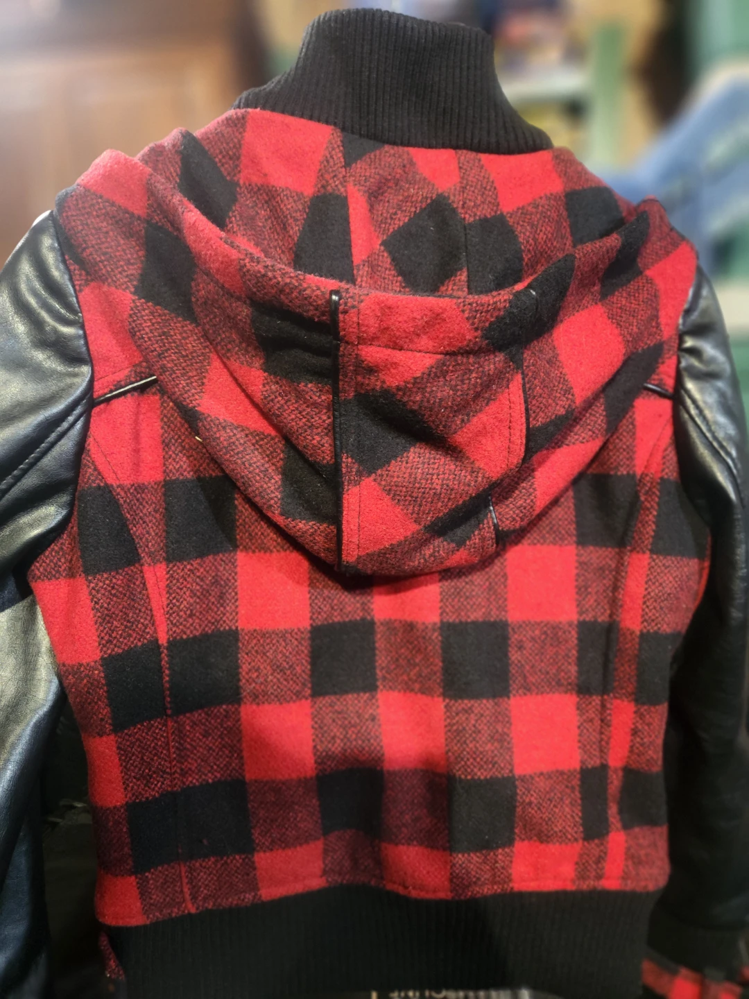 GUESS Red Black Plaid Hooded Jacket with Faux Leather Sleeves - photo 2