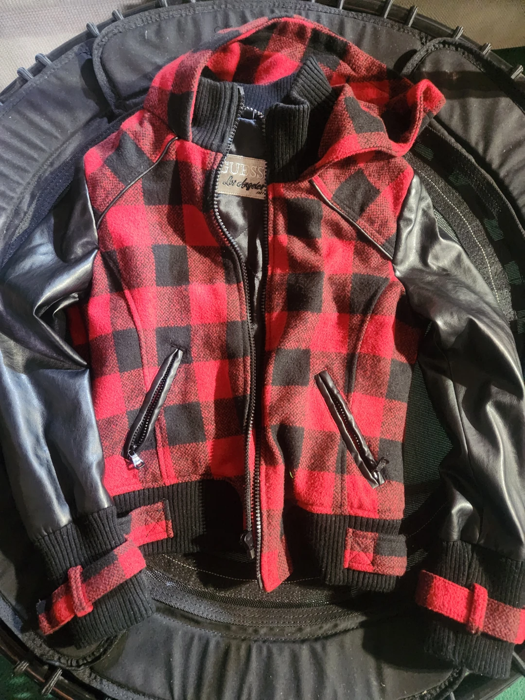 GUESS Red Black Plaid Hooded Jacket with Faux Leather Sleeves - photo 3