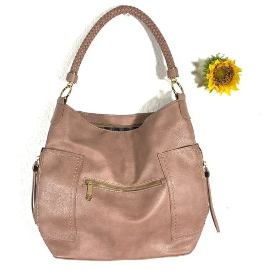 Dusty Rose Faux Leather Hobo Bag with Braided Handle