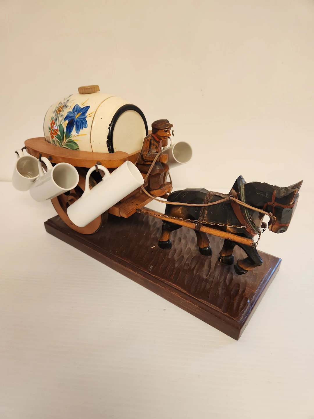 Vintage Horse and Cart Ceramic Barrel Set with Cups