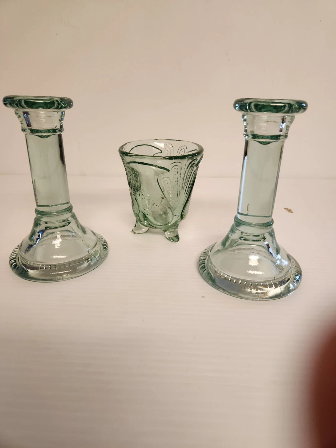Glass Candlestick Holders and Small Embossed Glass Vase