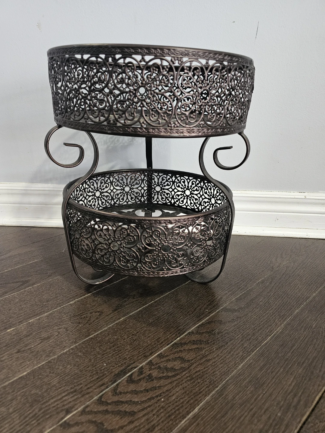 Ornate Two-Tiered Metal Fruit Basket Stand
