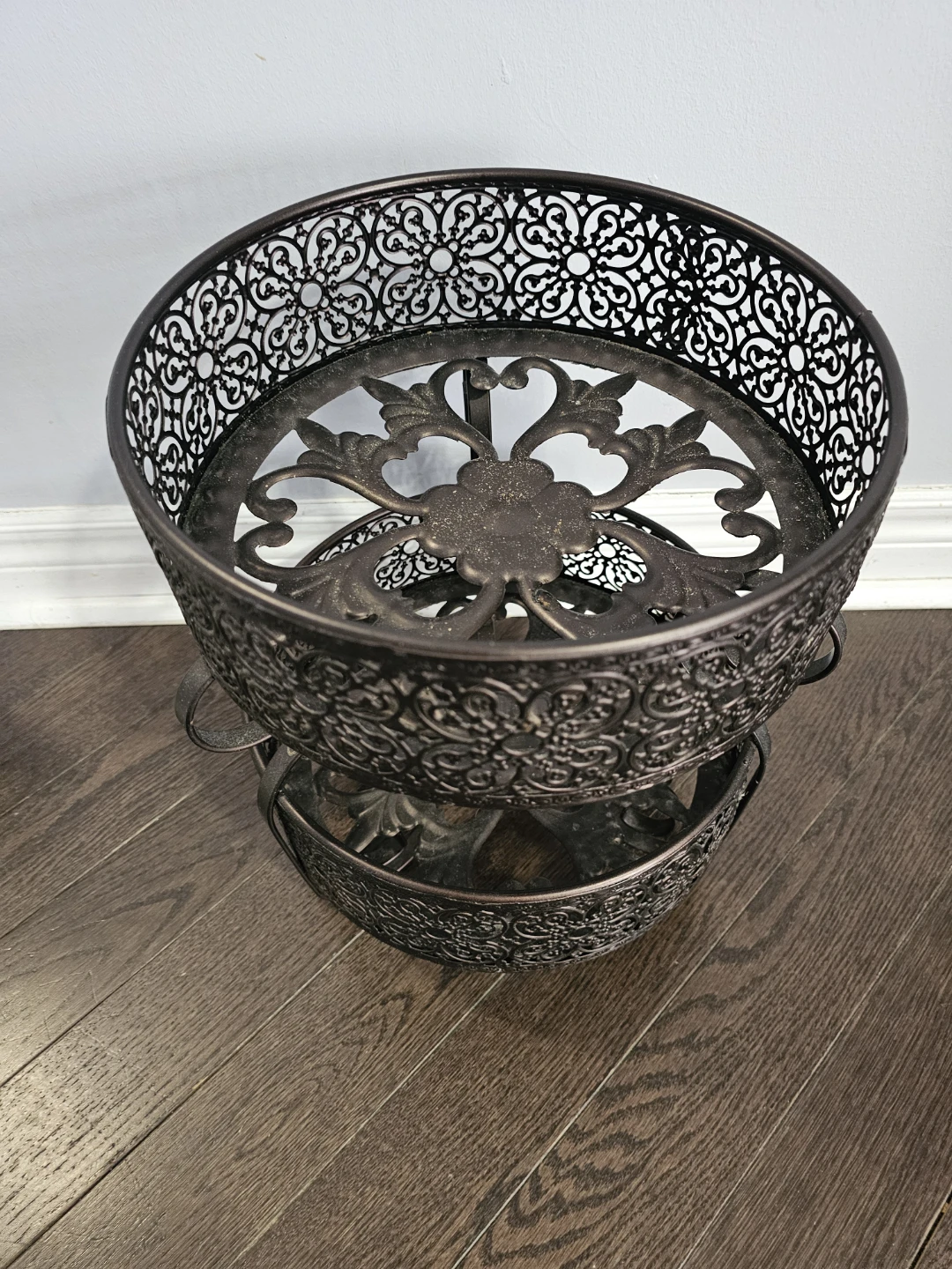 Ornate Two-Tiered Metal Fruit Basket Stand - photo 2